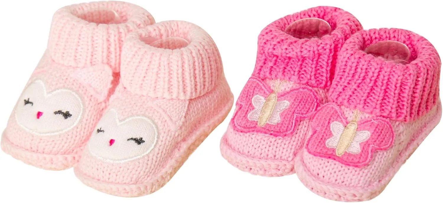 Baby Booties Newborn Infant Hand Crochet Knit Cotton Shoes Booties First Walking Slippers Indoor House Shoes for Baby 2 Pairs