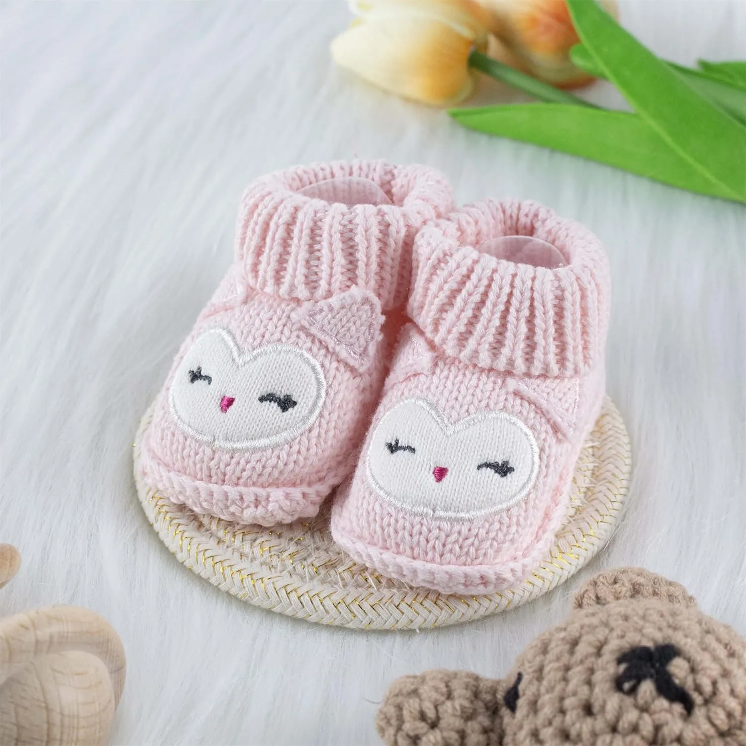 Baby Booties Newborn Infant Hand Crochet Knit Cotton Shoes Booties First Walking Slippers Indoor House Shoes for Baby 2 Pairs