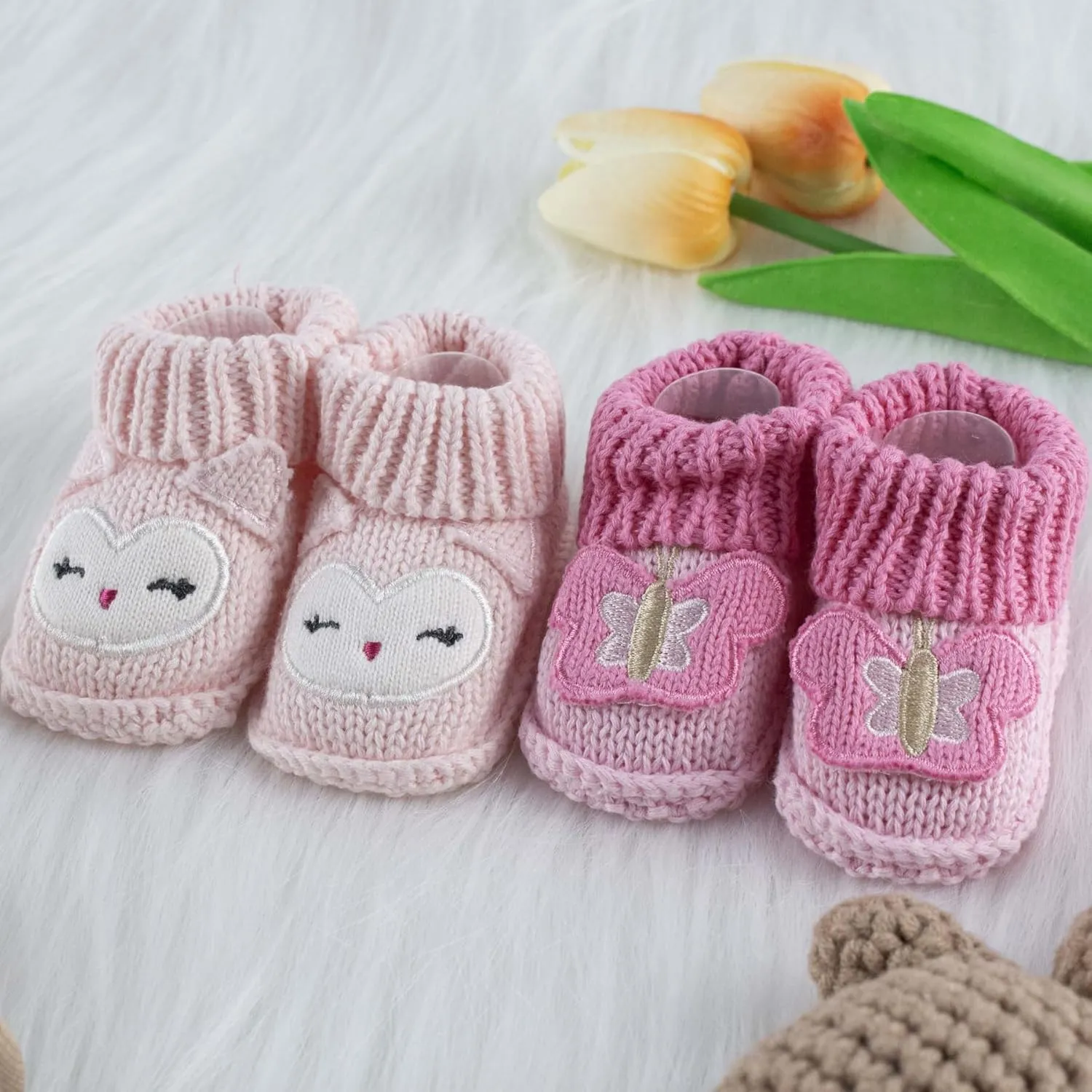 Baby Booties Newborn Infant Hand Crochet Knit Cotton Shoes Booties First Walking Slippers Indoor House Shoes for Baby 2 Pairs
