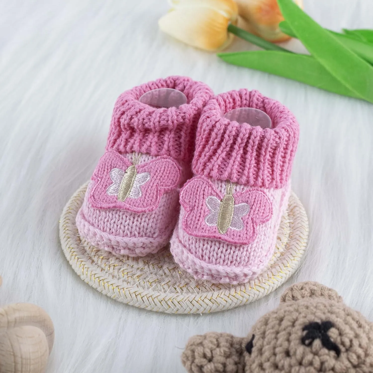 Baby Booties Newborn Infant Hand Crochet Knit Cotton Shoes Booties First Walking Slippers Indoor House Shoes for Baby 2 Pairs