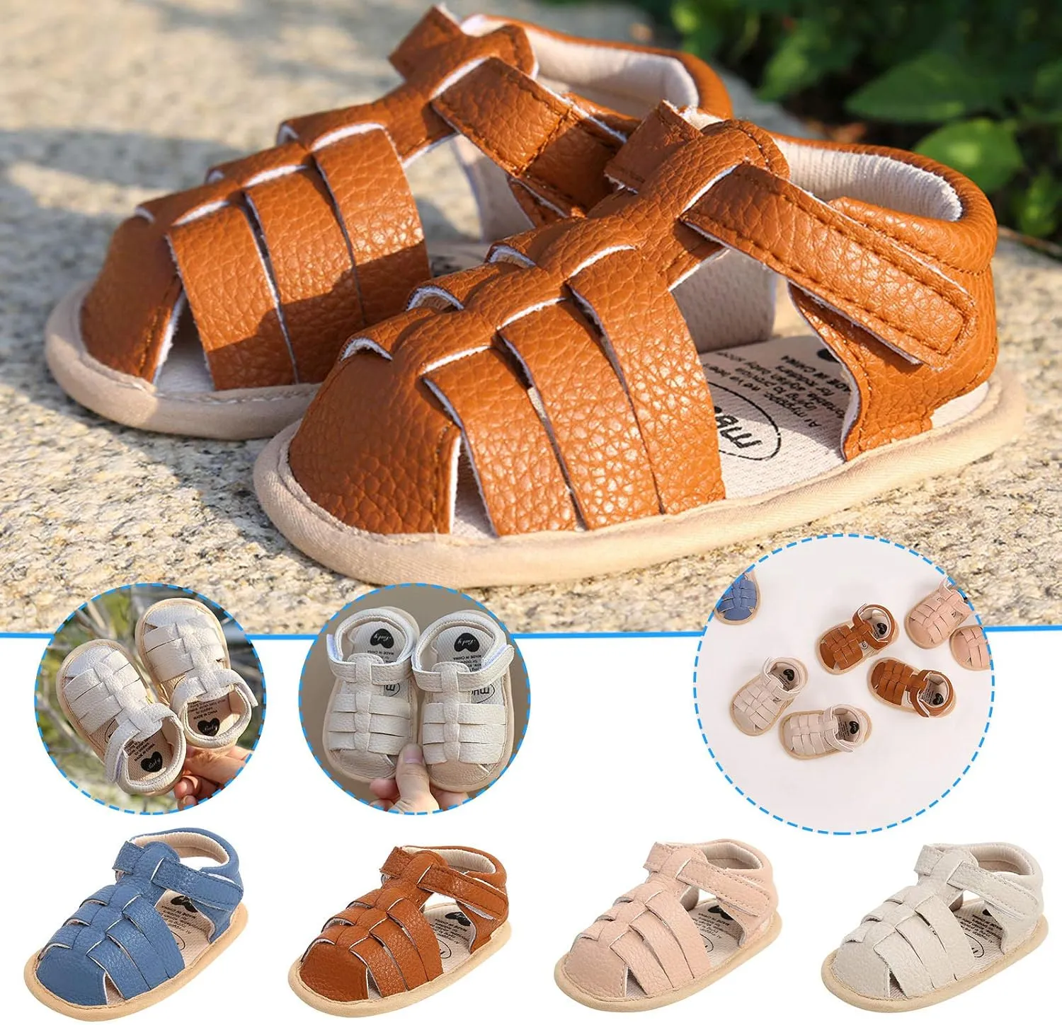 Baby Infant Shoes Boy Girl Sandals Outdoor First Walkers Non-Slip Rubber Soft Sole Flat Shoes (Beige, 12-18 Months)