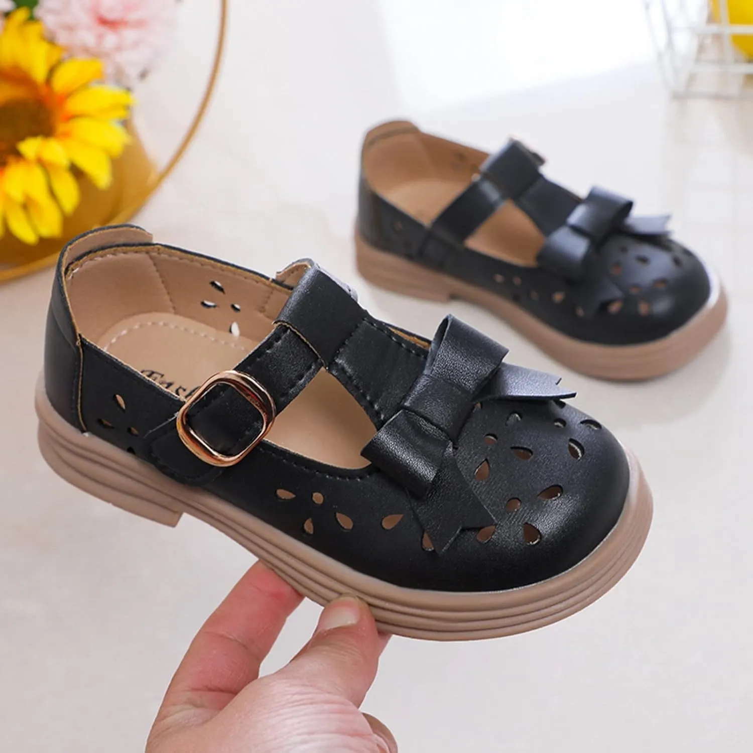 Baby Kids Rubber Sole Mary Jane Shoes Closed Toe Ankle Leather Soft Sandals Childrens Non Slip Buckle Adjusted Shoes