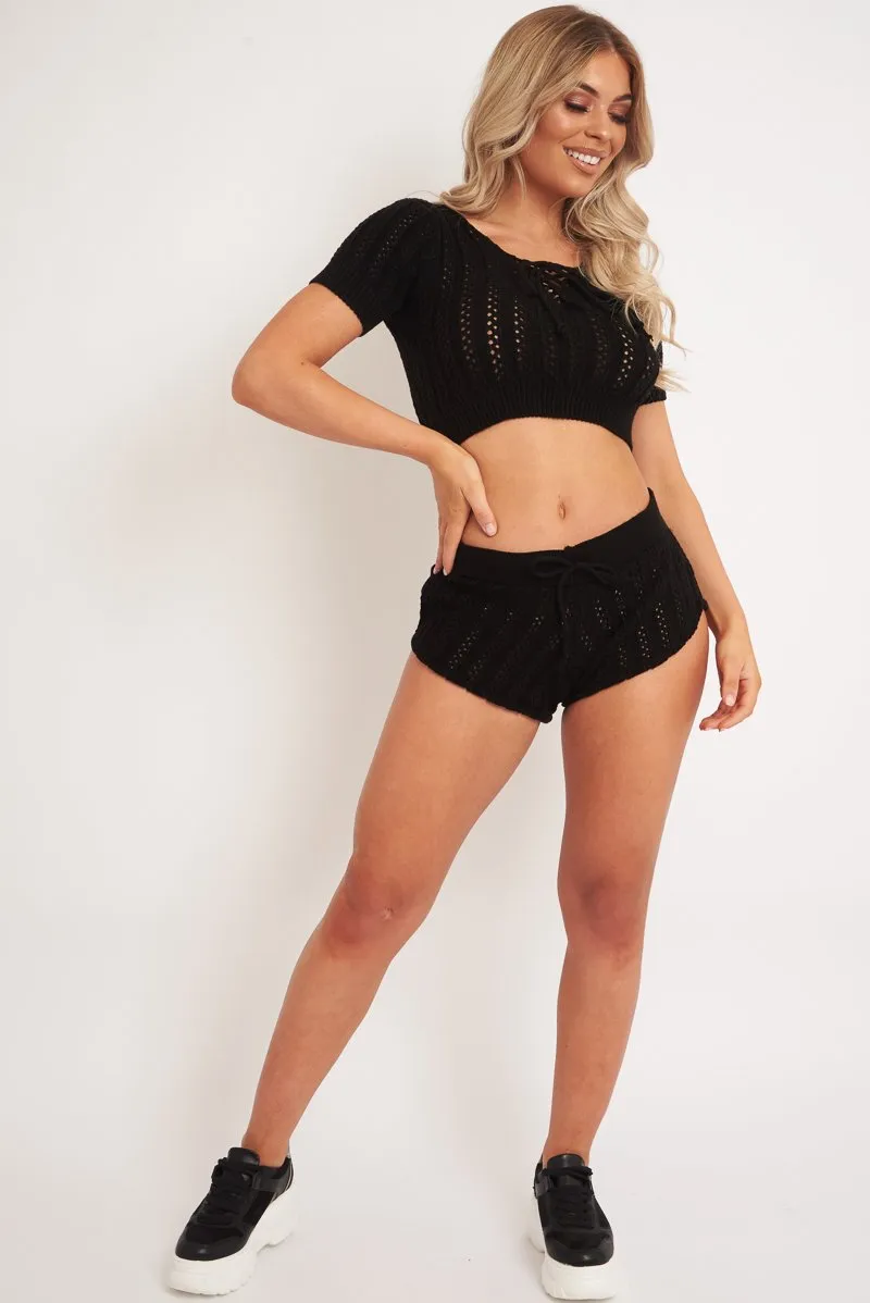 Black Crochet Knit Top Shorts Co-ord - Aarini