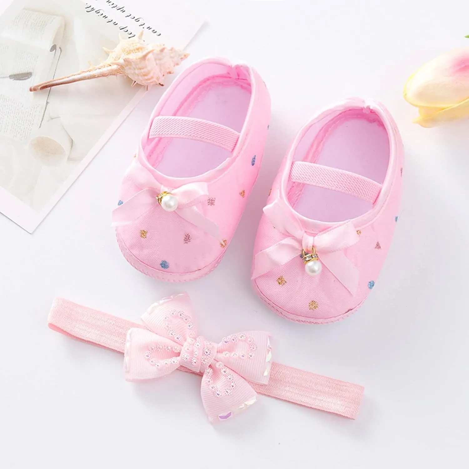 Child Princess Sole Set Cute Shoes Shoes Pearl Headband Little Soft Toddler Bow Kids Sneakers Toddler Boys