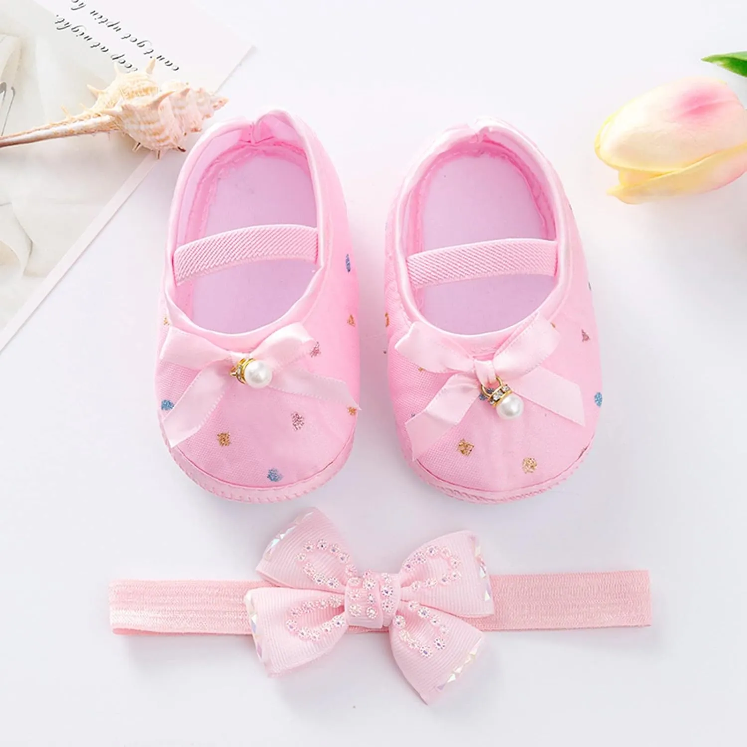 Child Princess Sole Set Cute Shoes Shoes Pearl Headband Little Soft Toddler Bow Kids Sneakers Toddler Boys