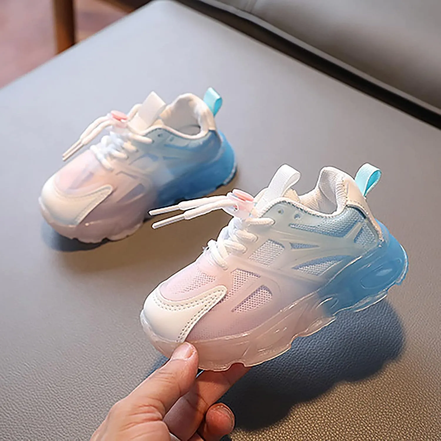Children's Sneakers Color Gradient LED Light Shoes Dad Shoes Lace Up Soft Soles Size 3 Girls Shoes