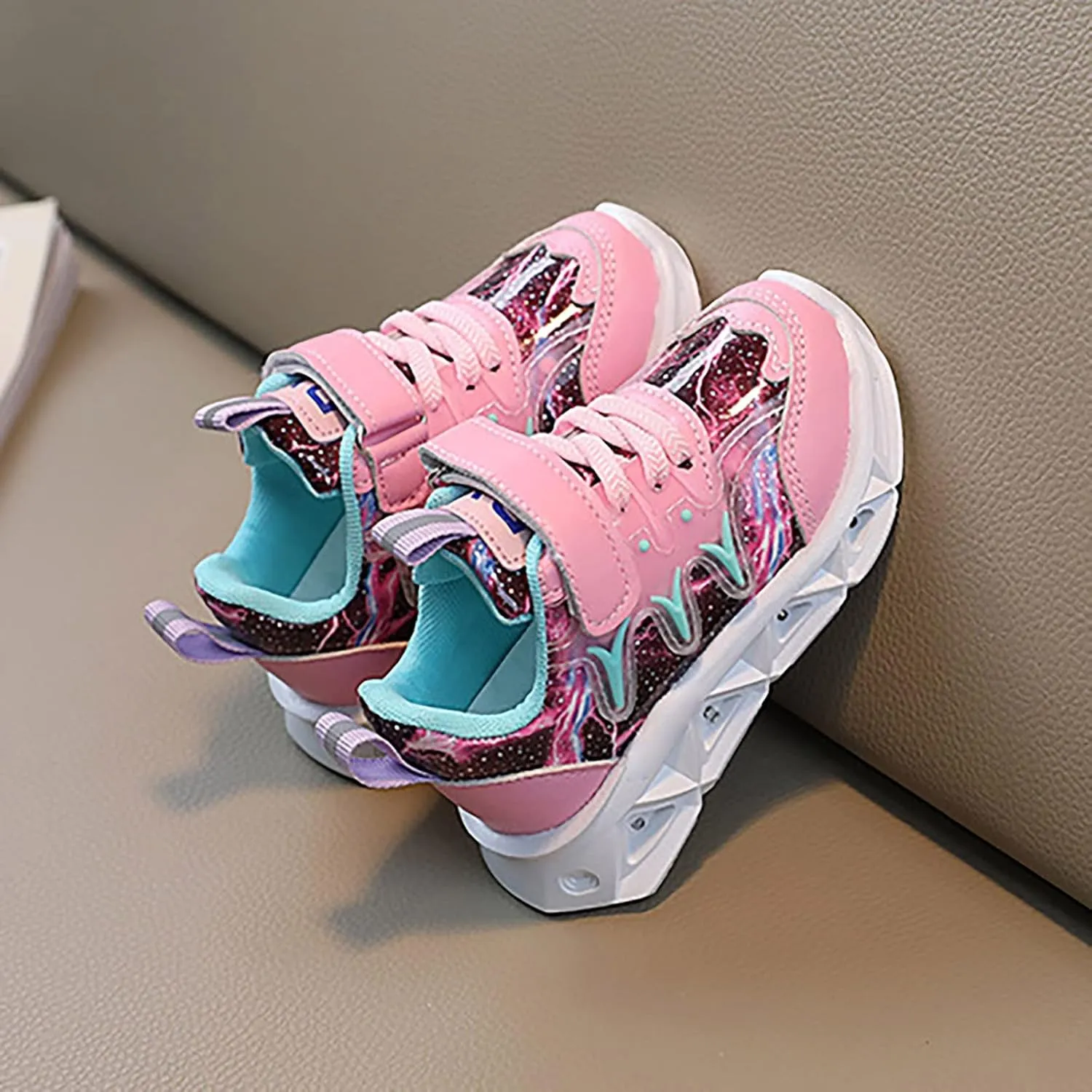 Children's Sneakers LED Charged Breathable Soft Sole Strap Collision Color for 1 to 6 Years Slip on Shoes for Kids
