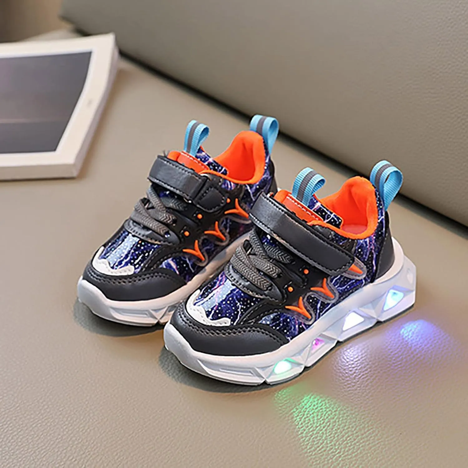 Children's Sneakers LED Charged Breathable Soft Sole Strap Collision Color for 1 to 6 Years Slip on Shoes for Kids