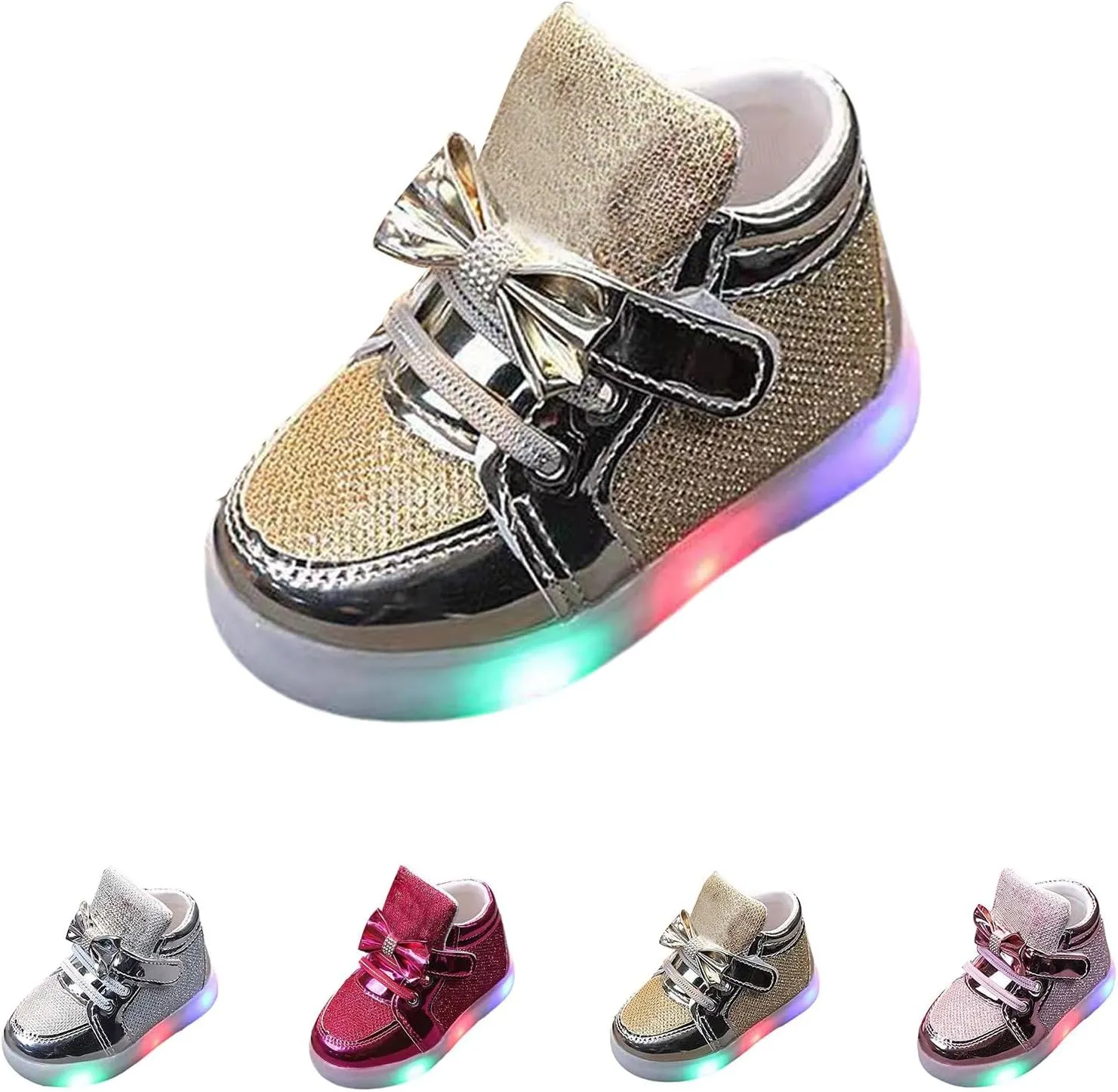 Fashion Toddler LED Light Shoes Boys Girls Bow Glitter Sequins Light Up Sneakers Kids Casual Soft Sole Shiny Shoes
