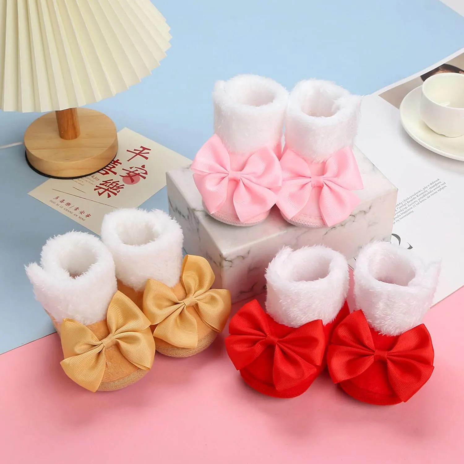 Girls Ankle Boots Baby Boots With Bow Ties Soft Baby Shoes Thick Non Slip Cotton Shoes Warm Boots