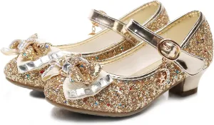 Girls Dress Shoes Mary Jane Wedding Party Heel Glitter Bow Princess Flower Shoes for Kid Toddler