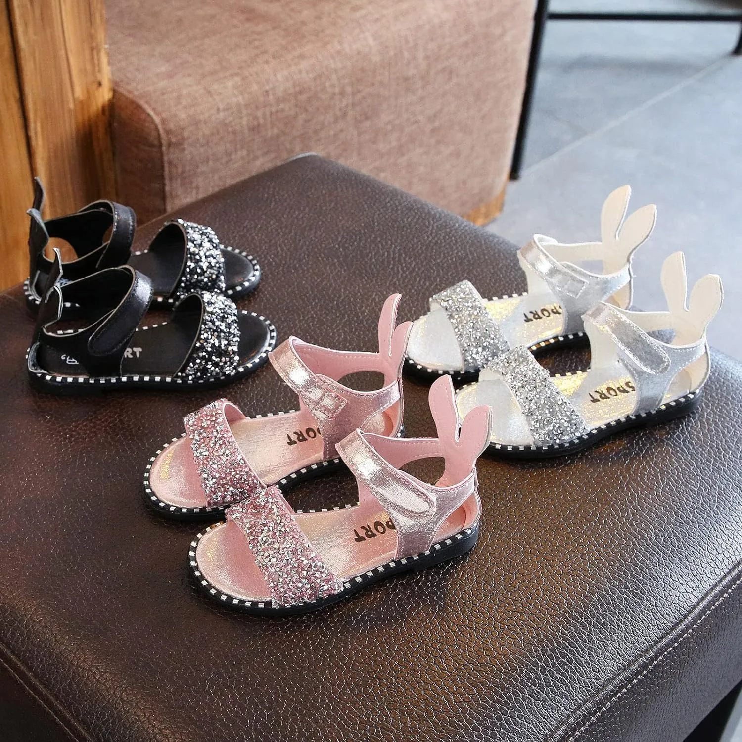 Girls Kids Pearl Glitter Rubber Sandals Gldiator Open Toe Ankle Wide Shoes Baby Childrens Flat Soft Non Slip Slipper
