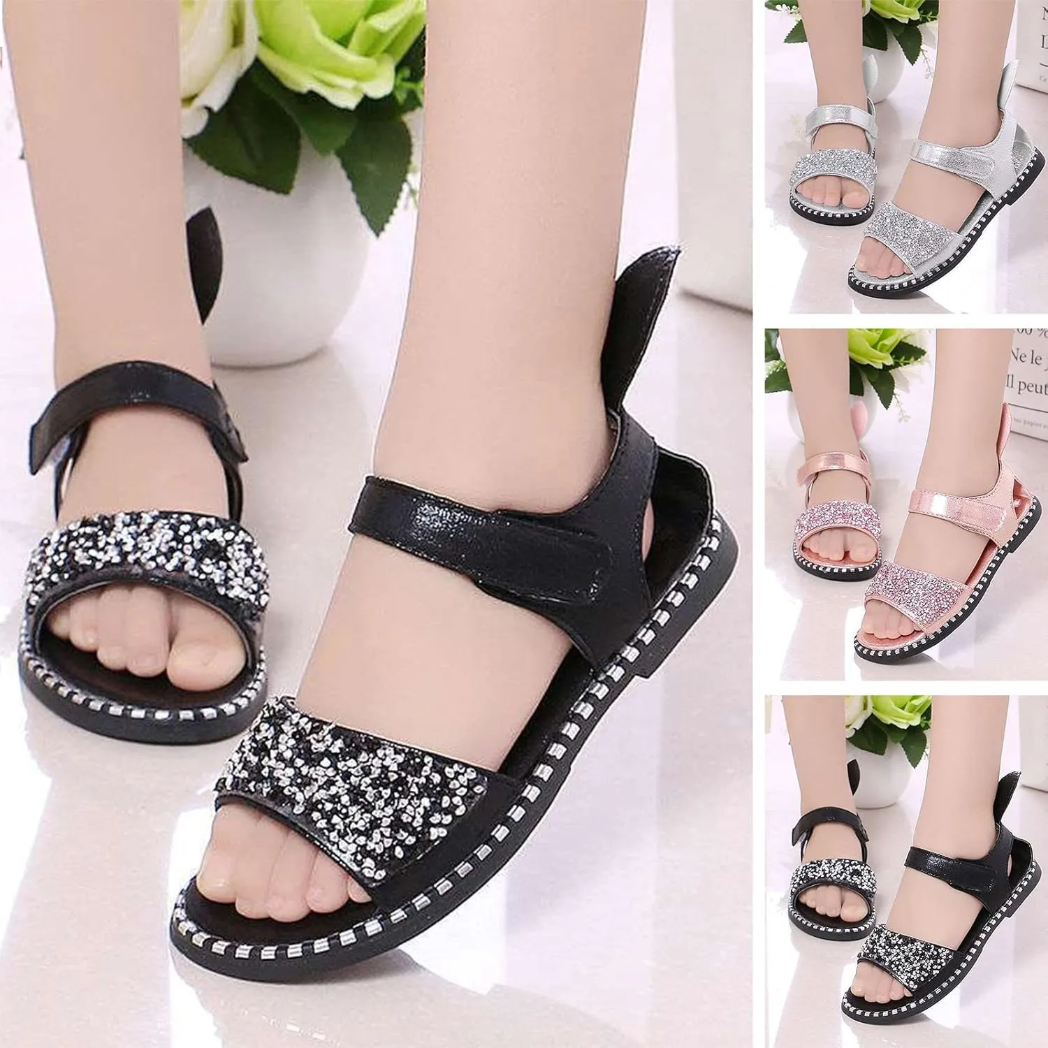 Girls Kids Pearl Glitter Rubber Sandals Gldiator Open Toe Ankle Wide Shoes Baby Childrens Flat Soft Non Slip Slipper