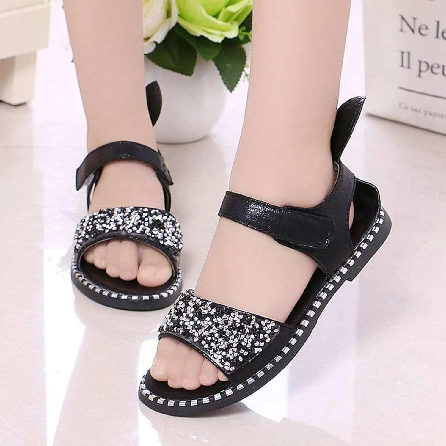 Girls Kids Pearl Glitter Rubber Sandals Gldiator Open Toe Ankle Wide Shoes Baby Childrens Flat Soft Non Slip Slipper