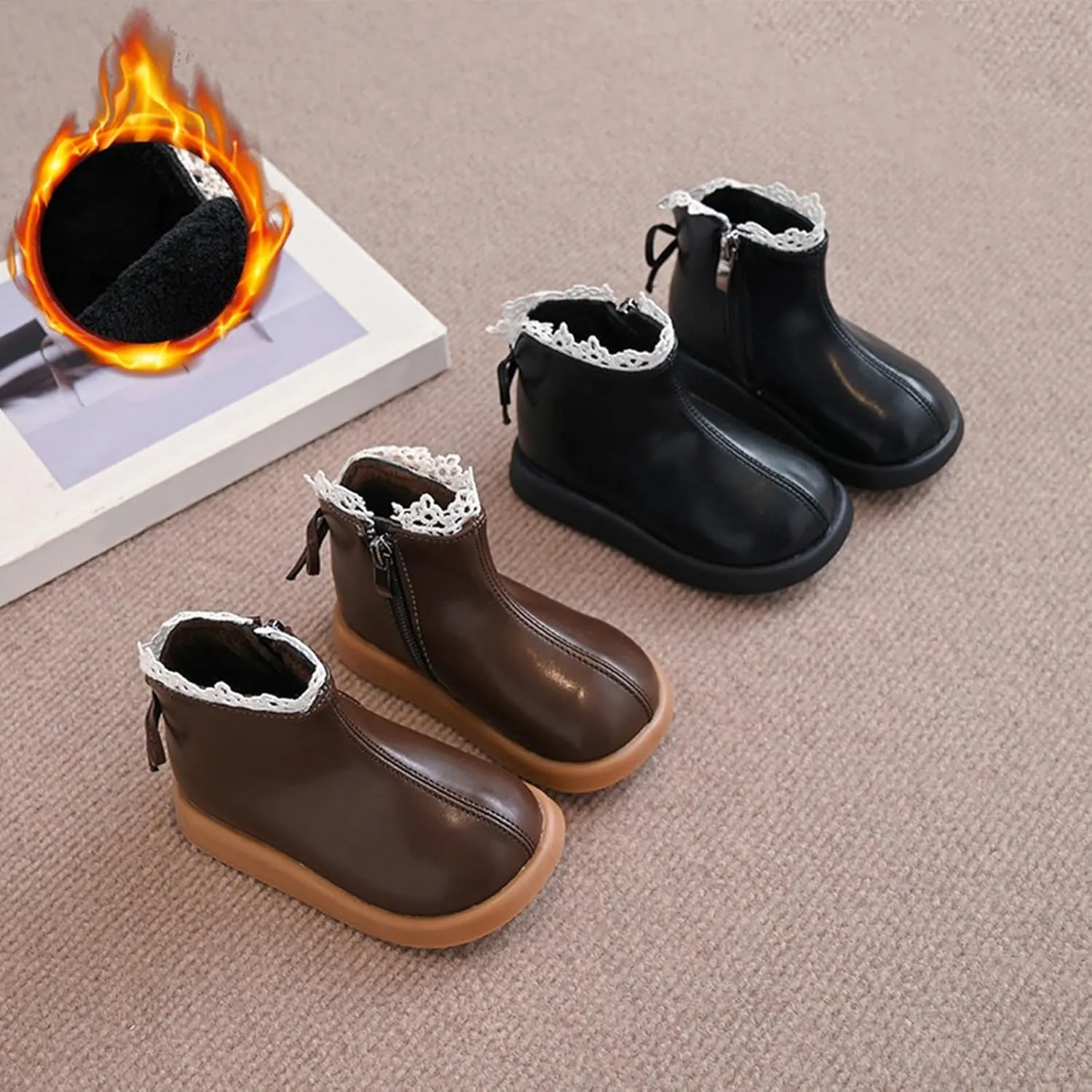 Girls Leather Mary Jane Boots Waterproof Non Slip Low Calf Boots Side Zipper Sort Sole Flat Boots Winter Boots