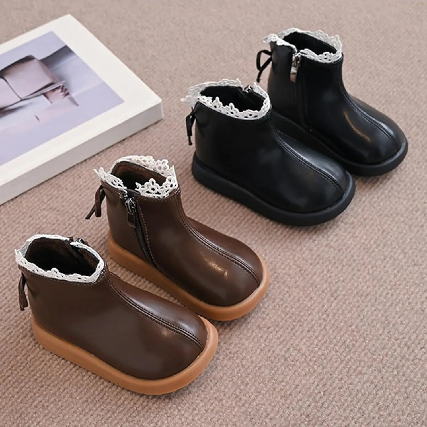 Girls Leather Mary Jane Boots Waterproof Non Slip Low Calf Boots Side Zipper Sort Sole Flat Boots Winter Boots