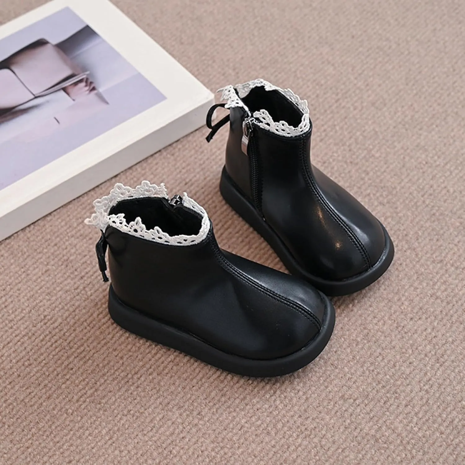Girls Leather Mary Jane Boots Waterproof Non Slip Low Calf Boots Side Zipper Sort Sole Flat Boots Winter Boots