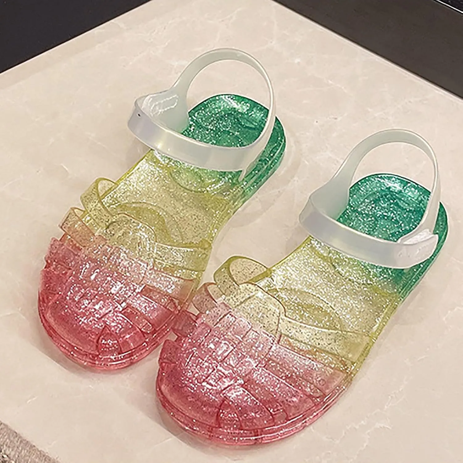 Girls Princess Jelly Sandals Toddler Kids Summer Rainbow Glitter Sparkly Party Mary Jane Shoes Colorful Flat Sandal