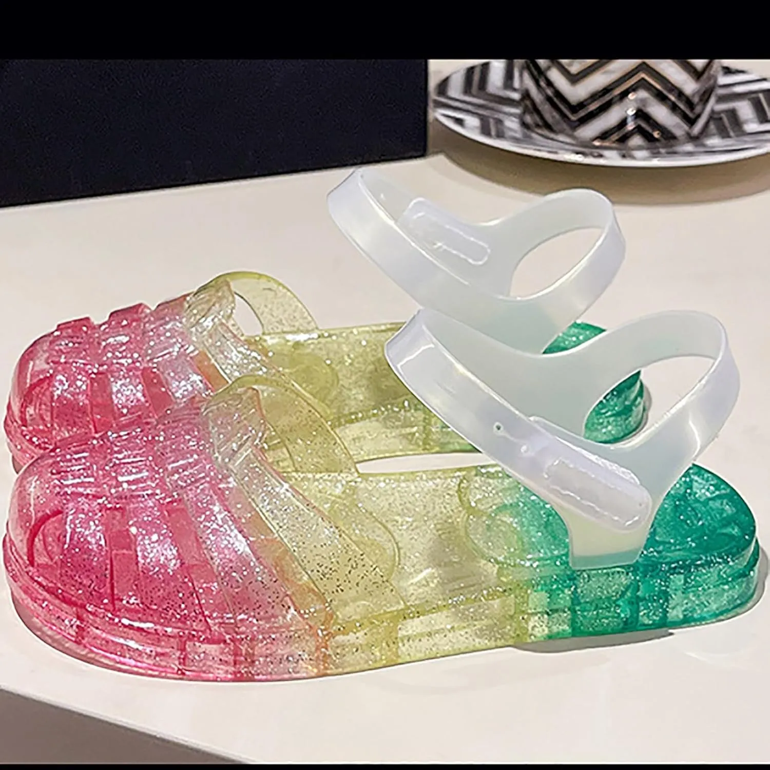 Girls Princess Jelly Sandals Toddler Kids Summer Rainbow Glitter Sparkly Party Mary Jane Shoes Colorful Flat Sandal