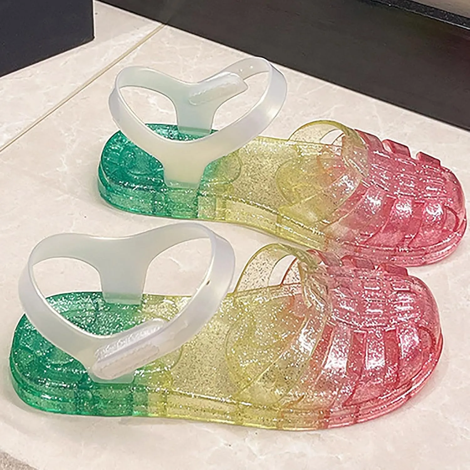 Girls Princess Jelly Sandals Toddler Kids Summer Rainbow Glitter Sparkly Party Mary Jane Shoes Colorful Flat Sandal