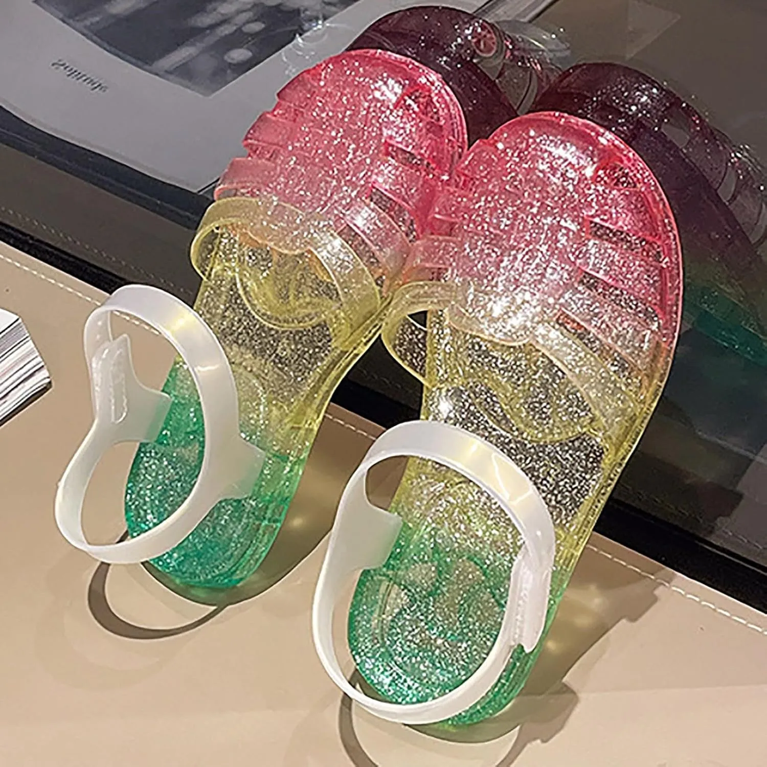 Girls Princess Jelly Sandals Toddler Kids Summer Rainbow Glitter Sparkly Party Mary Jane Shoes Colorful Flat Sandal