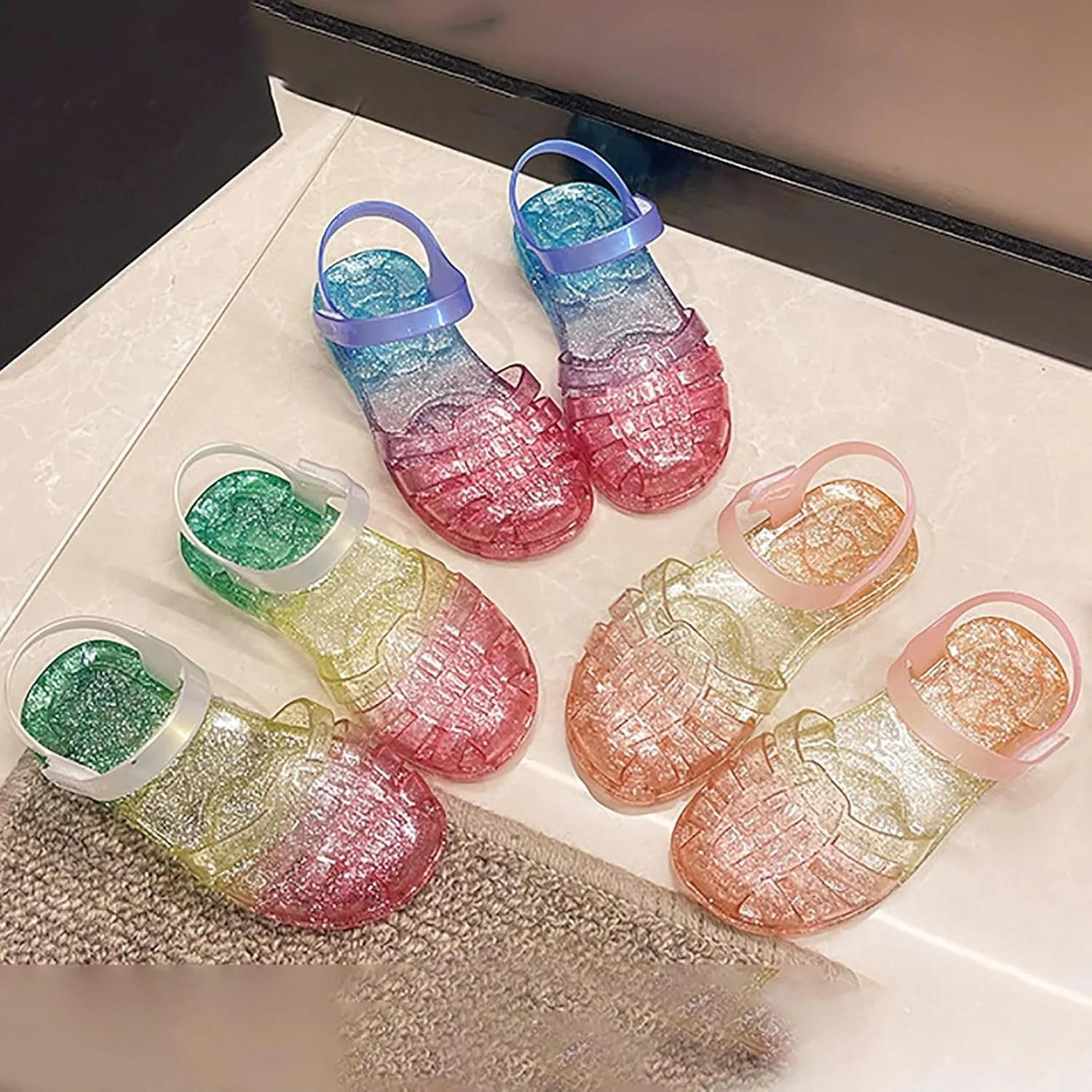 Girls Princess Jelly Sandals Toddler Kids Summer Rainbow Glitter Sparkly Party Mary Jane Shoes Colorful Flat Sandal
