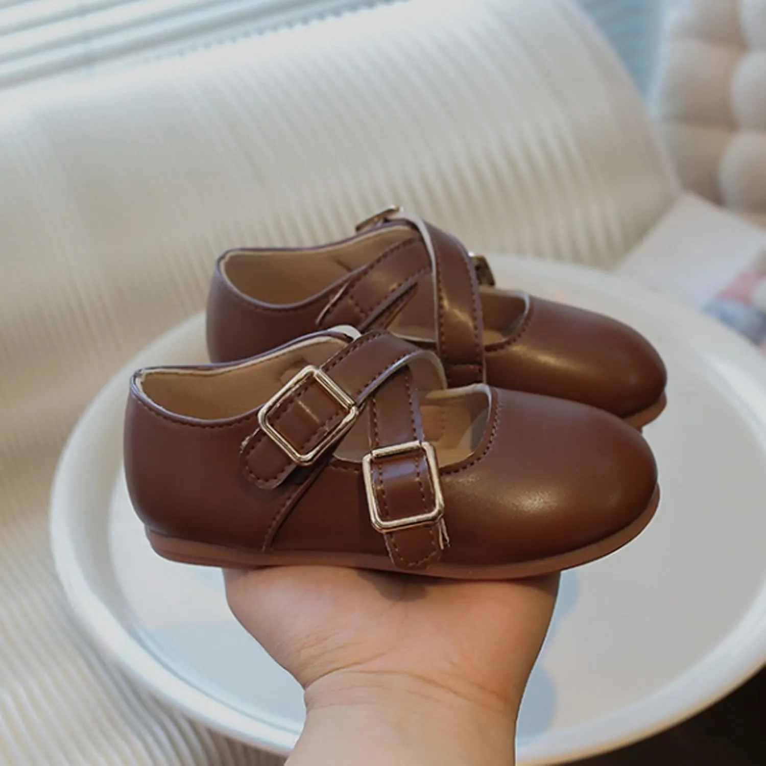 Girls School Shoes Round Toe Double Buckle Dress Shoes Kids Rubber Soft Soles Leather Fashion Walking Shoes