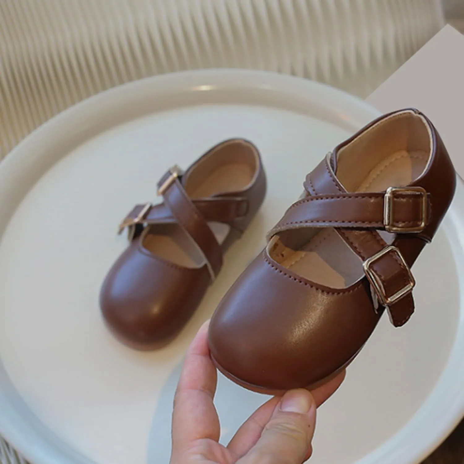 Girls School Shoes Round Toe Double Buckle Dress Shoes Kids Rubber Soft Soles Leather Fashion Walking Shoes