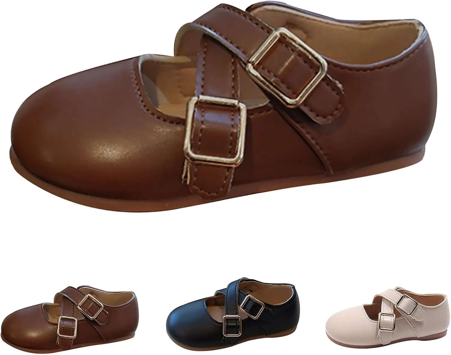 Girls School Shoes Round Toe Double Buckle Dress Shoes Kids Rubber Soft Soles Leather Fashion Walking Shoes