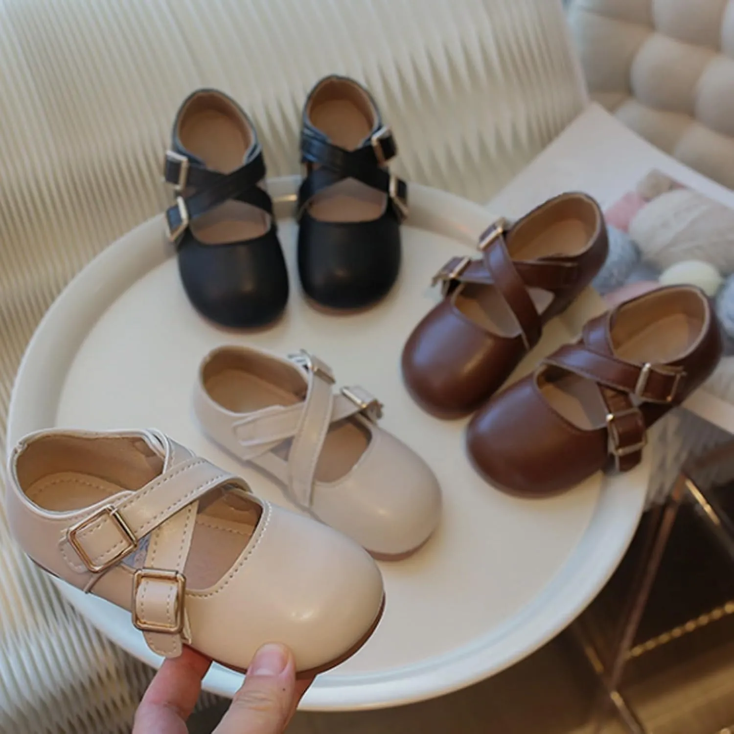 Girls School Shoes Round Toe Double Buckle Dress Shoes Kids Rubber Soft Soles Leather Fashion Walking Shoes