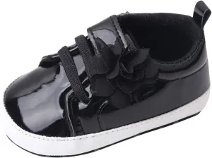Infant Baby Girls Flower PU Leather Sneakers Newborn Toddler Solid Soft Sole Anti-Slip Shiny Ankle Dress Shoes