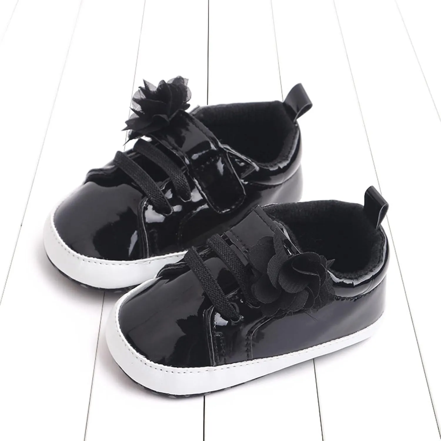 Infant Baby Girls Flower PU Leather Sneakers Newborn Toddler Solid Soft Sole Anti-Slip Shiny Ankle Dress Shoes