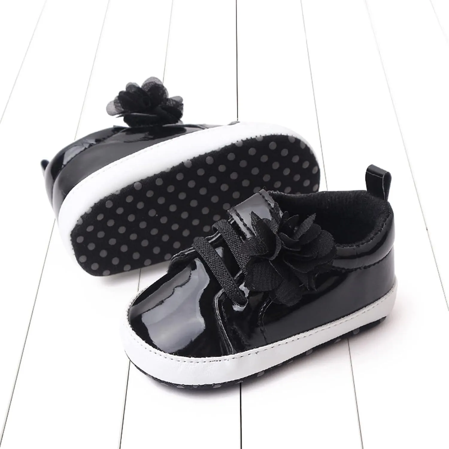Infant Baby Girls Flower PU Leather Sneakers Newborn Toddler Solid Soft Sole Anti-Slip Shiny Ankle Dress Shoes