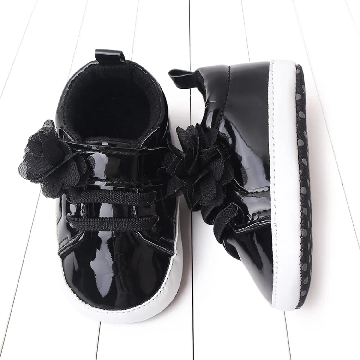 Infant Baby Girls Flower PU Leather Sneakers Newborn Toddler Solid Soft Sole Anti-Slip Shiny Ankle Dress Shoes