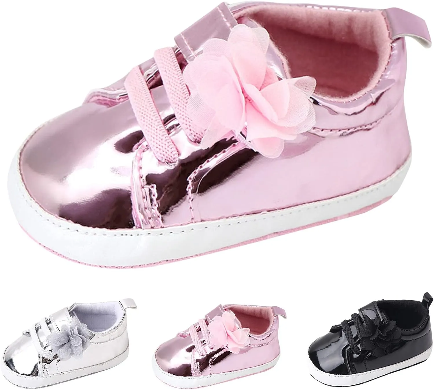 Infant Baby Girls Flower PU Leather Sneakers Newborn Toddler Solid Soft Sole Anti-Slip Shiny Ankle Dress Shoes