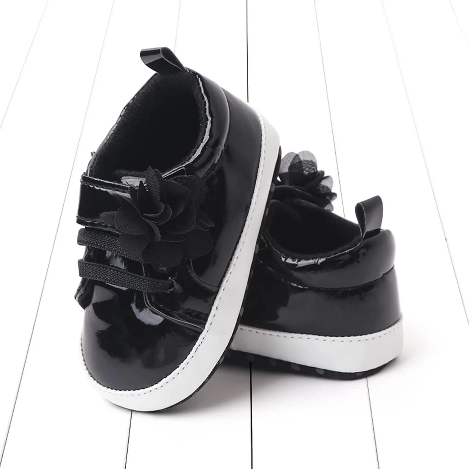 Infant Baby Girls Flower PU Leather Sneakers Newborn Toddler Solid Soft Sole Anti-Slip Shiny Ankle Dress Shoes