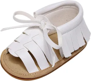Infant Toddler Baby Girls Boys Shoes Sandals First Walkers Prewalkers Tassels Anti-Slip Soft Sole (White, 4 Toddler)