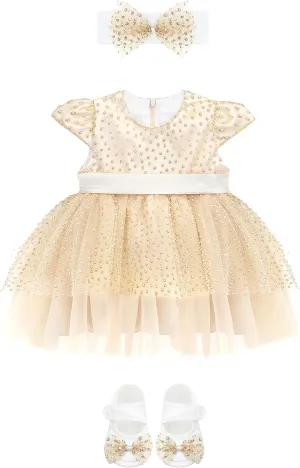 Lilax Baby Girls Glitter Tulle Dress, Sparkle Polka Dots Princess Gown with Matching Headband and Shoes