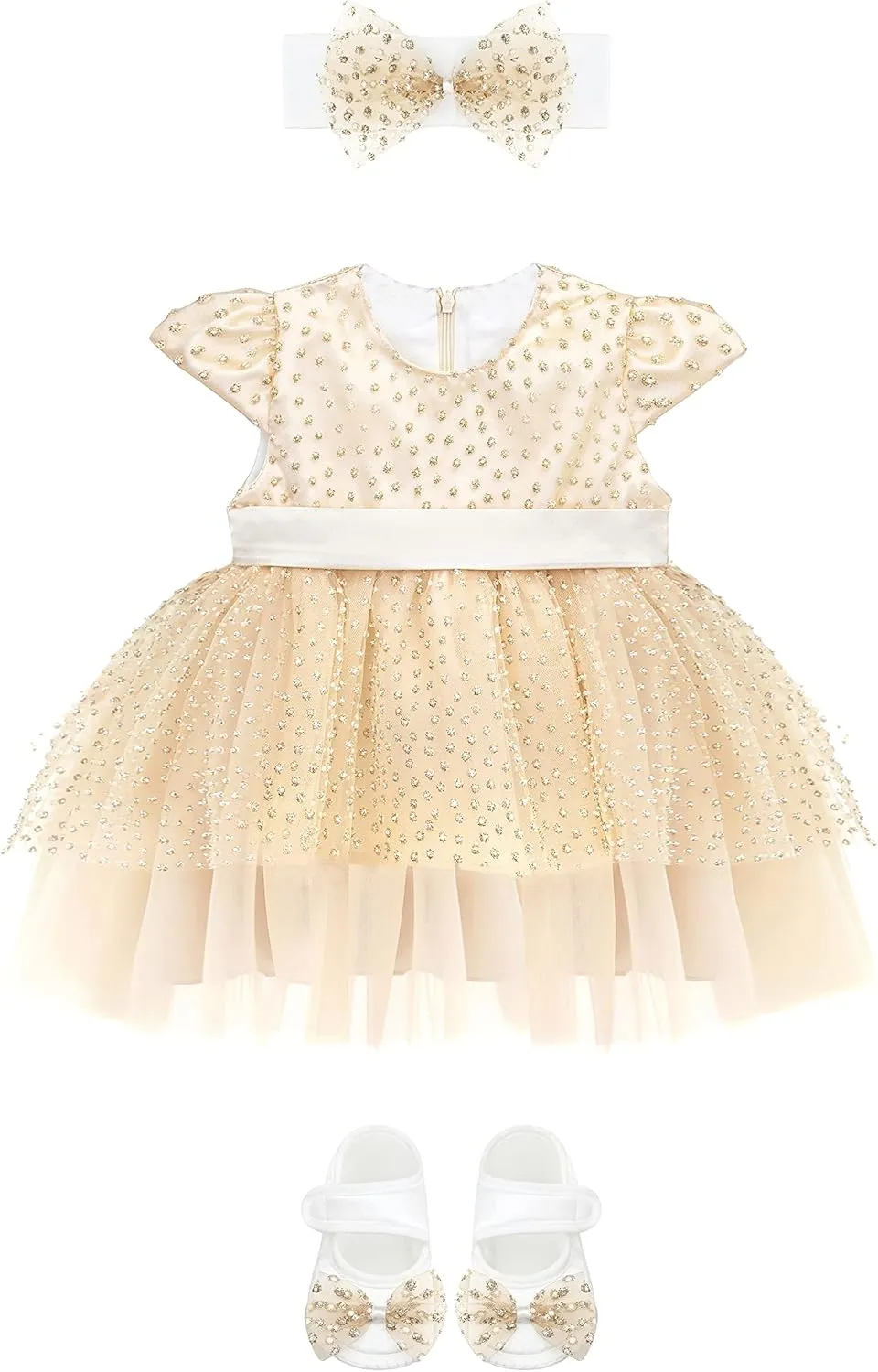 Lilax Baby Girls Glitter Tulle Dress, Sparkle Polka Dots Princess Gown with Matching Headband and Shoes