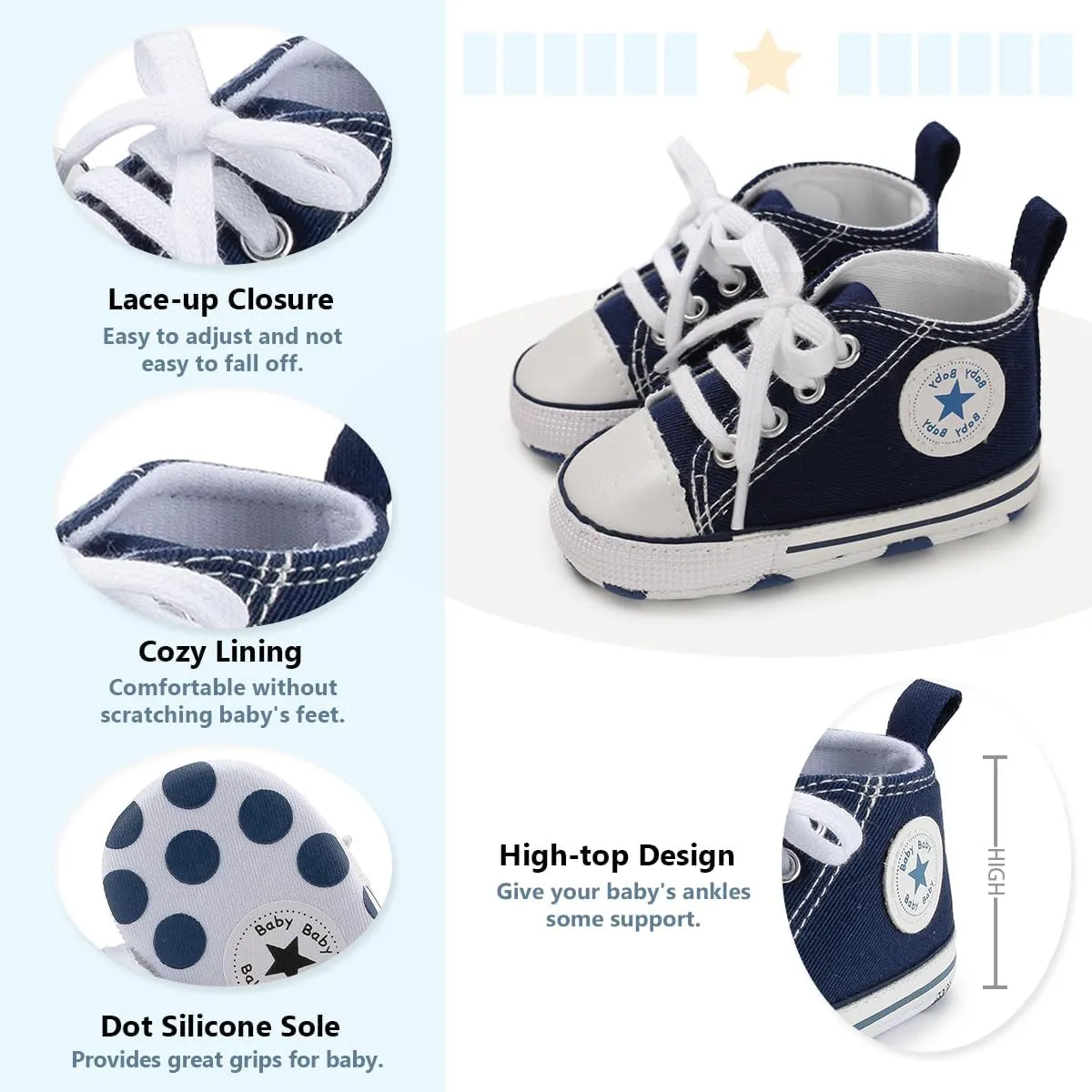 Meckior Baby Girls Boys Canvas Sneakers Soft Sole High-Top Ankle Infant First Walkers Crib Shoes