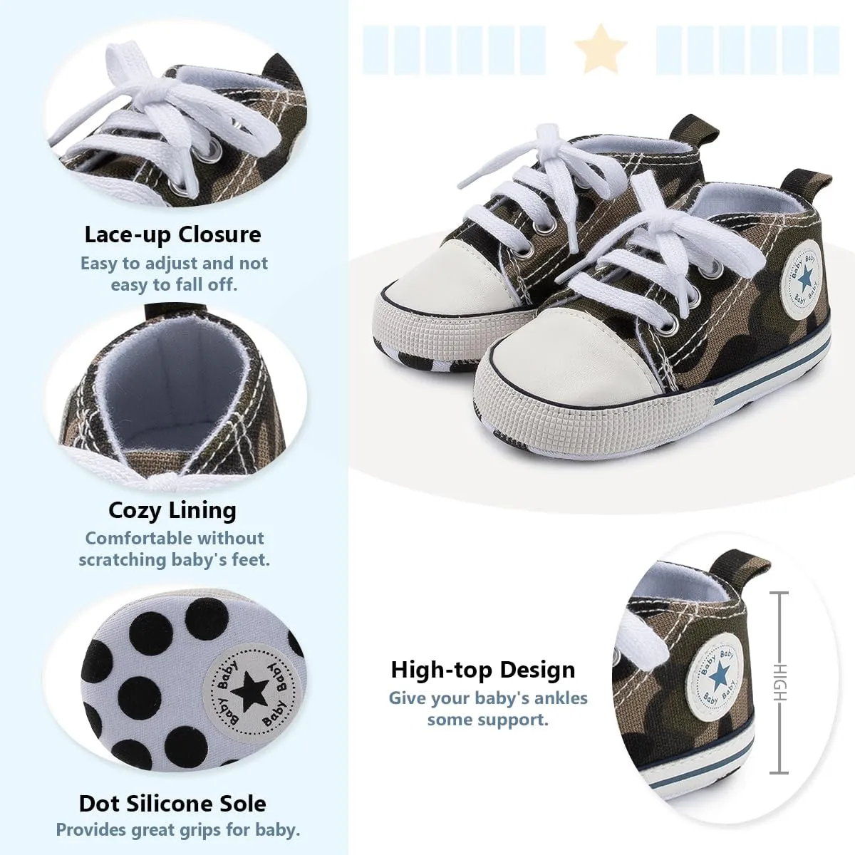 Meckior Baby Girls Boys Canvas Sneakers Soft Sole High-Top Ankle Infant First Walkers Crib Shoes