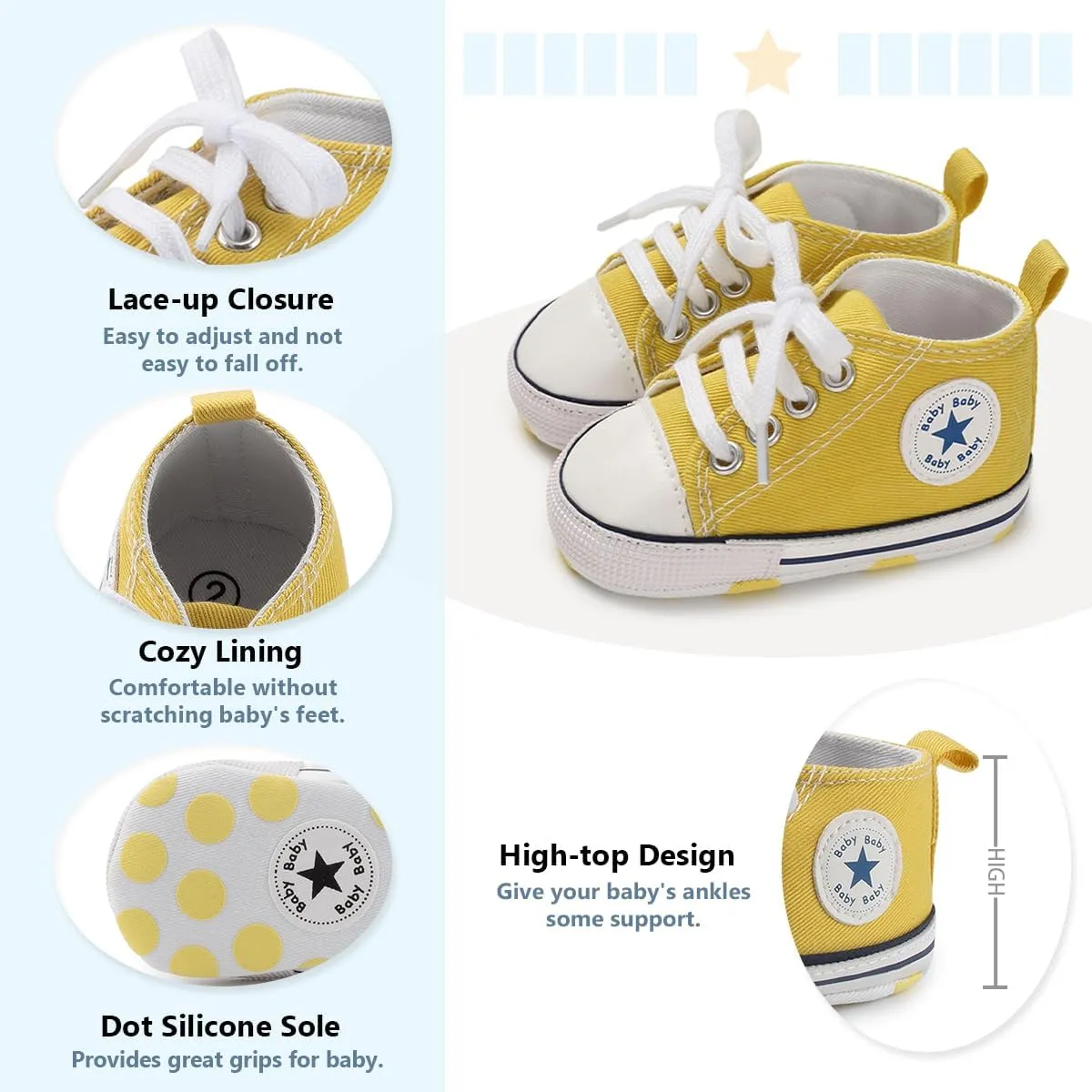 Meckior Baby Girls Boys Canvas Sneakers Soft Sole High-Top Ankle Infant First Walkers Crib Shoes