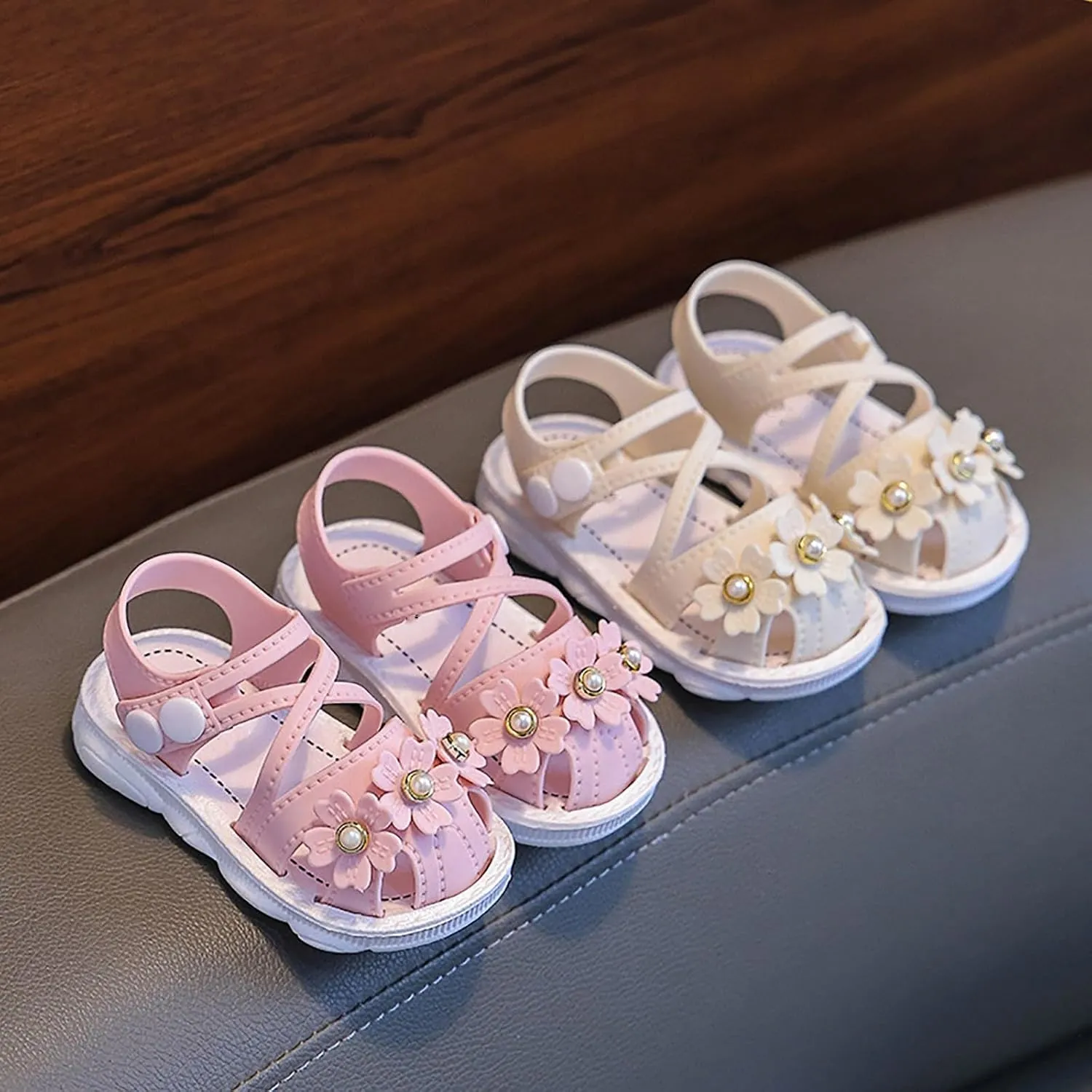 Newborn Baby Girl Cute Sandals Toddler Non-Slip Soft Rubber Sole Sandals Closed-Toe First Baby Cute Sweet Shoes