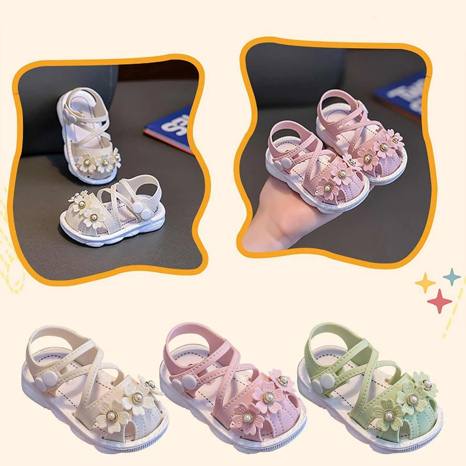Newborn Baby Girl Cute Sandals Toddler Non-Slip Soft Rubber Sole Sandals Closed-Toe First Baby Cute Sweet Shoes