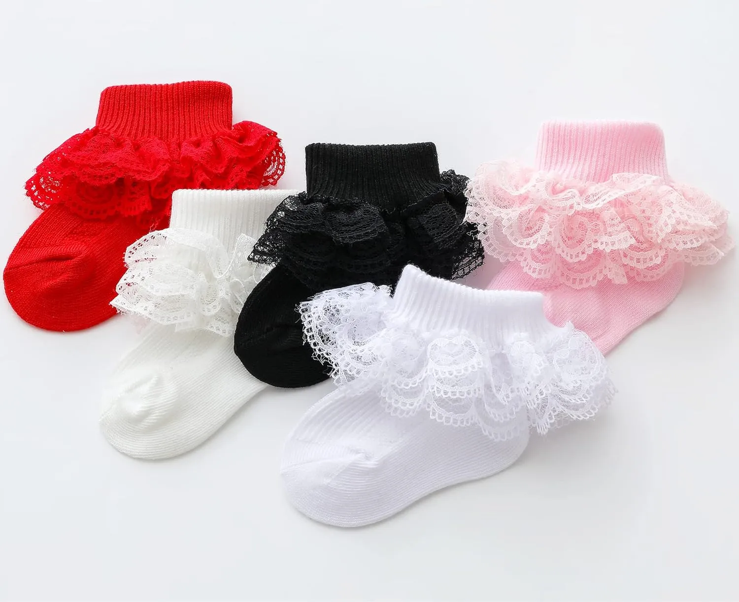 Newborn Baby Girl Lace Socks Ruffle Dressy Eyelet Booties Infant Toddler Mary Jane Shoes Socks 5 Pairs 0-12 Months