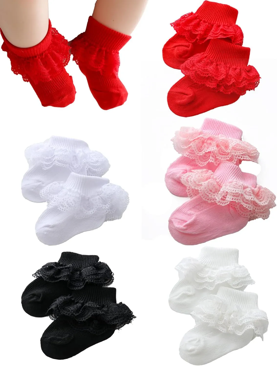 Newborn Baby Girl Lace Socks Ruffle Dressy Eyelet Booties Infant Toddler Mary Jane Shoes Socks 5 Pairs 0-12 Months