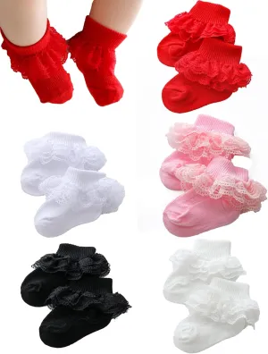 Newborn Baby Girl Lace Socks Ruffle Dressy Eyelet Booties Infant Toddler Mary Jane Shoes Socks 5 Pairs 0-12 Months