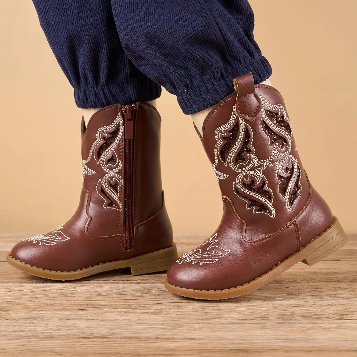 Newsonet Toddler Girls Cowboy Cowgirl Boots Round Toe Western Boots Mid Calf Side Zipper Riding Shoes for All Seasons Spring Summer Winter Fall