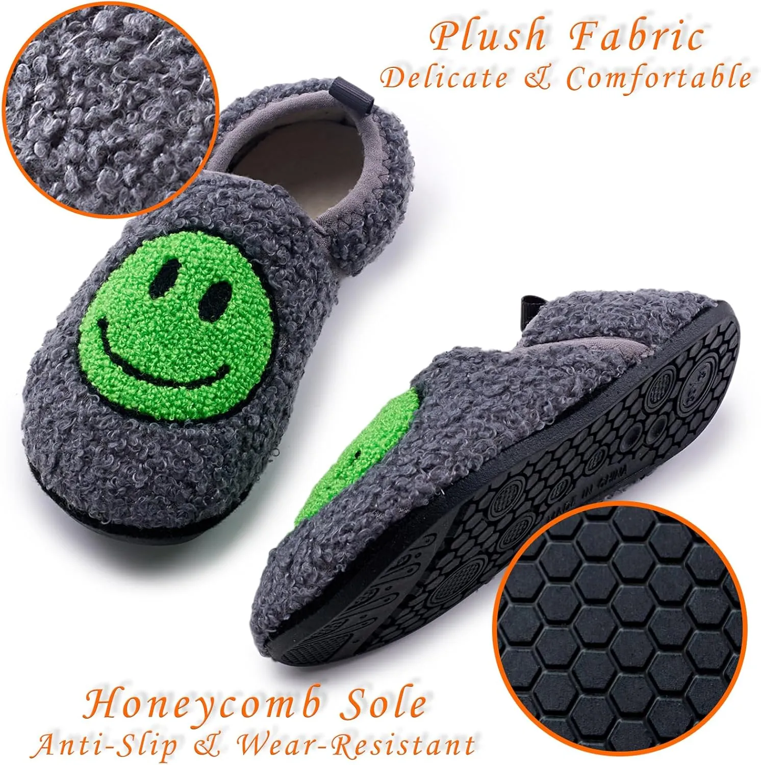 Smile Face Slippers Kids Fuzzy Indoor House Slippers Toddler Home Cozy Socks Cute Face Non-Slip Rubber Sole Warm Shoes Cartoon Soft For Boys Girls