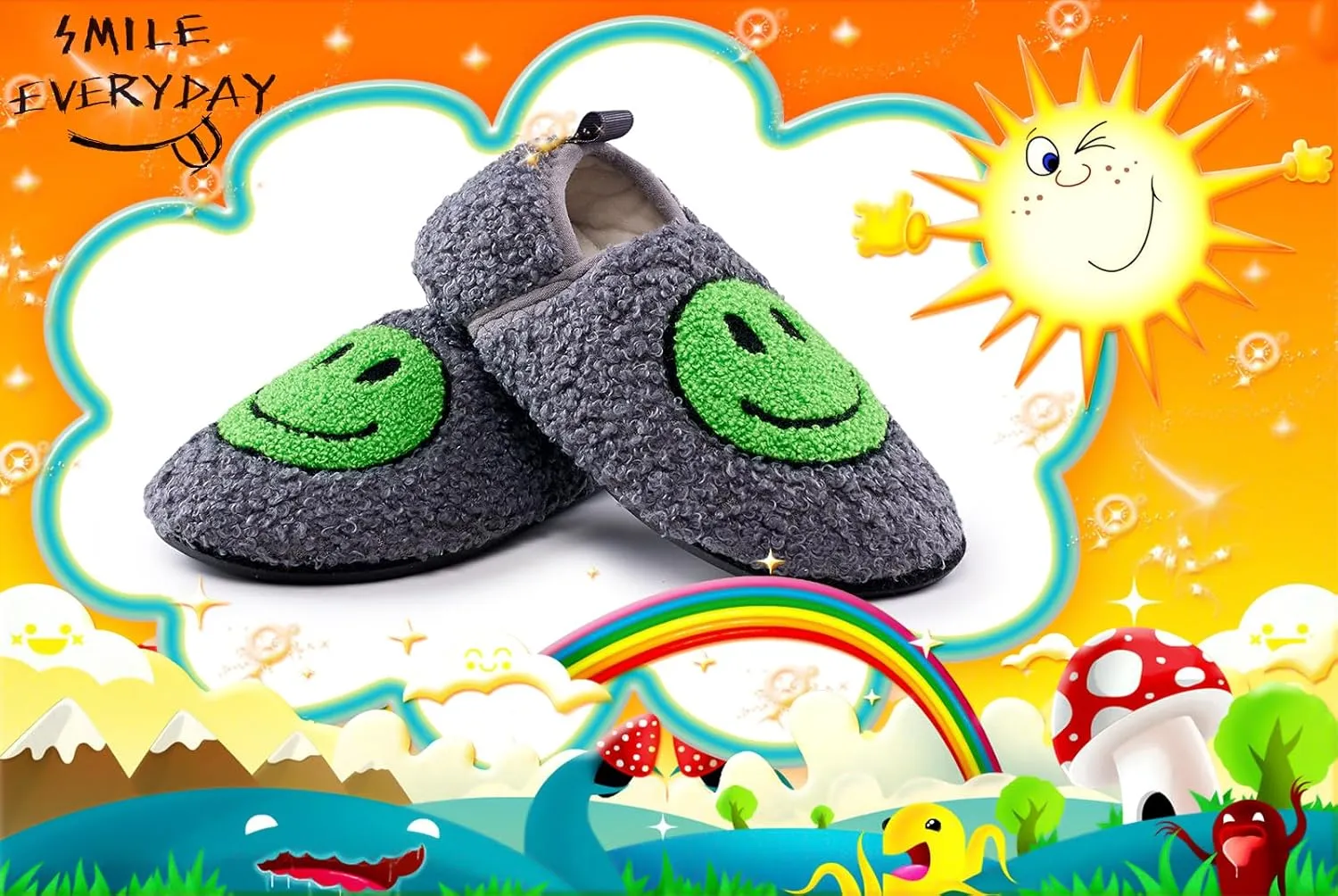Smile Face Slippers Kids Fuzzy Indoor House Slippers Toddler Home Cozy Socks Cute Face Non-Slip Rubber Sole Warm Shoes Cartoon Soft For Boys Girls